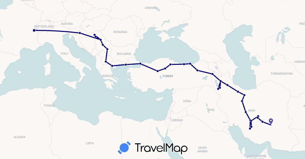 TravelMap itinerary: driving in Switzerland, Greece, Croatia, Iran, Macedonia, Serbia, Turkey (Asia, Europe)